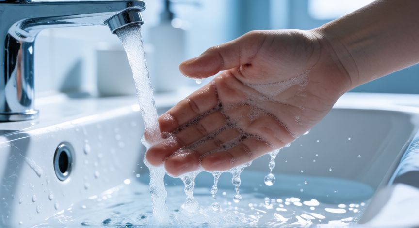 covid 19 formas de contagio, Higiene de manos bajo el grifo con abundante agua y jabón