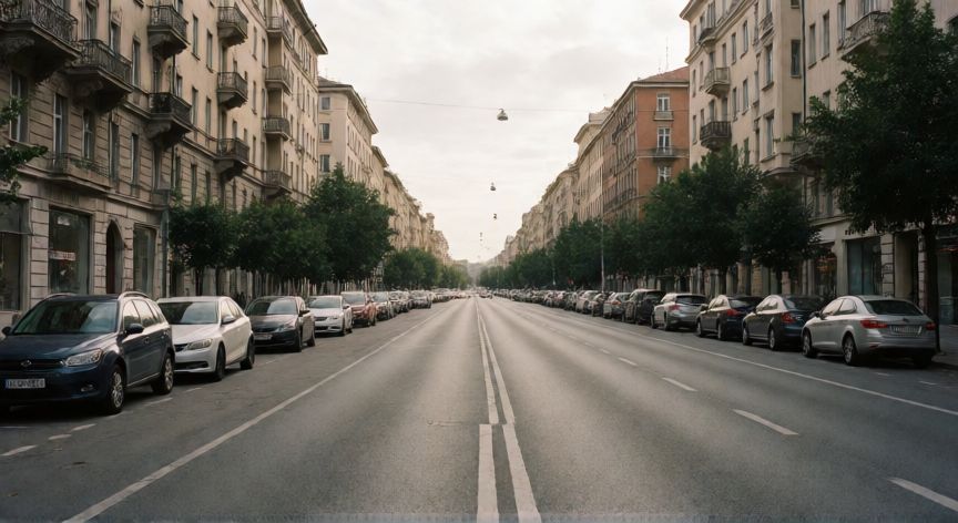 covid 19 fotos, Calle principal de una gran ciudad completamente vacía durante el estado de confinamiento