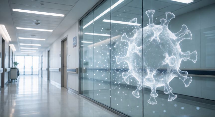 covid 19 fundeu, Corredor de hospital moderno con símbolo de virus desvaneciéndose en la pared