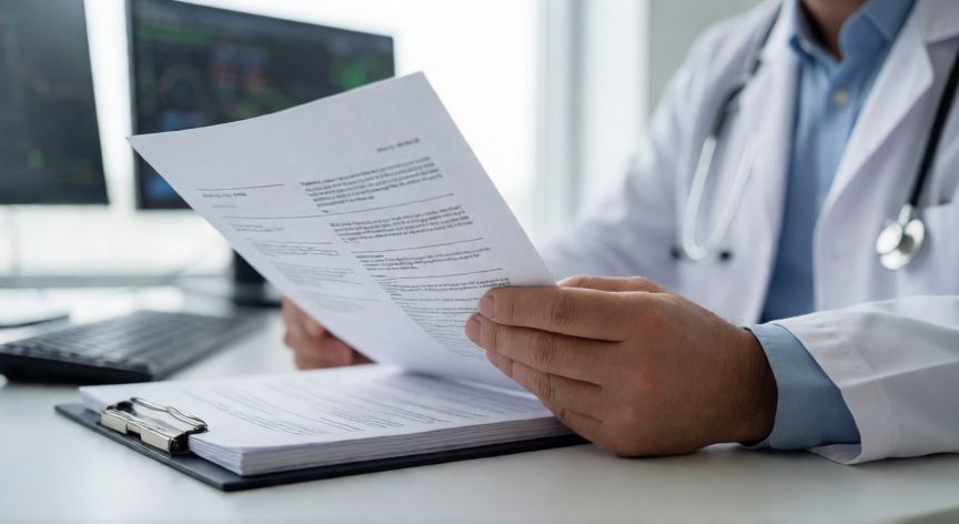 covid 19 gpc, Médico revisando una guía de práctica clínica en un entorno hospitalario