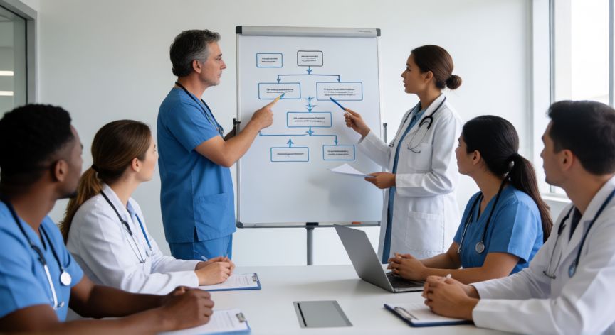 covid 19 gpc, Equipo médico discutiendo protocolos clínicos en una sala de reuniones