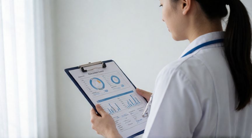 covid 19 gpc rapida, Profesional sanitario revisando guía clínica de diagnóstico COVID-19 en consulta médica