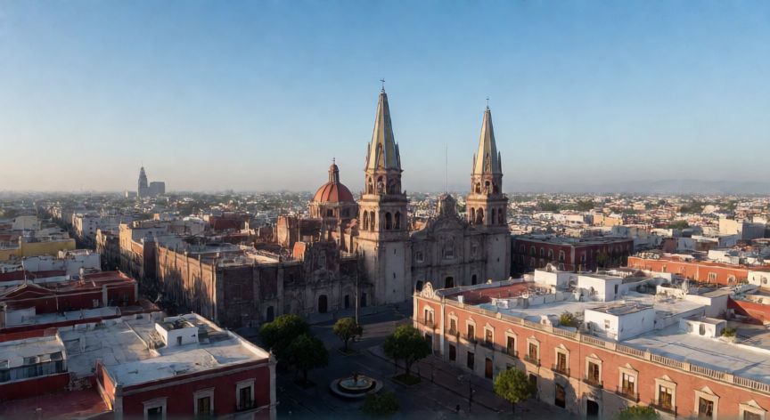 covid 19 guadalajara, Vista aérea del centro histórico de Guadalajara con la Catedral al amanecer