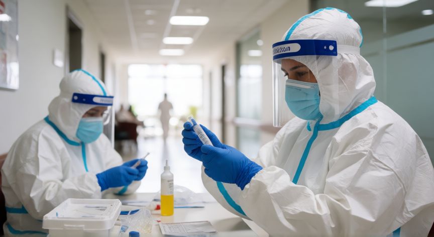 covid 19 guadalajara, Personal sanitario preparándose para la vacunación en un hospital de Guadalajara