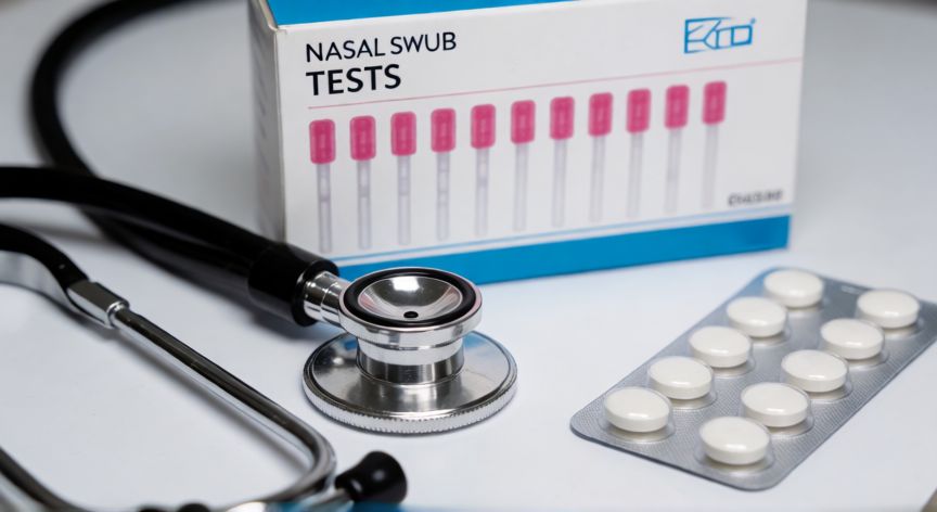 covid 19 guia de practica clínica, Mesa de trabajo médico con kit de test nasal y blíster de medicamentos antivirales