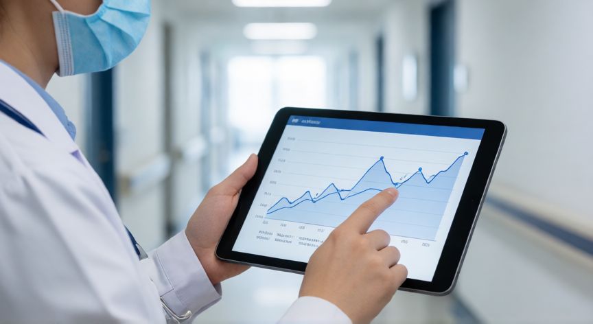 covid 19 guidelines, Profesional de la salud revisando datos epidemiológicos en una tableta
