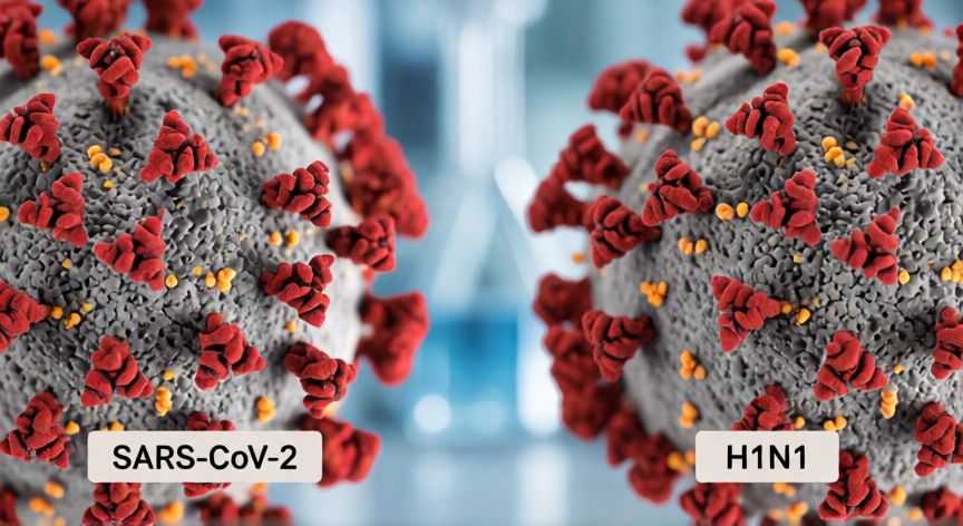 covid 19 h1n1, Comparación visual entre el virus SARS-CoV-2 y el virus de la gripe H1N1 bajo microscopio
