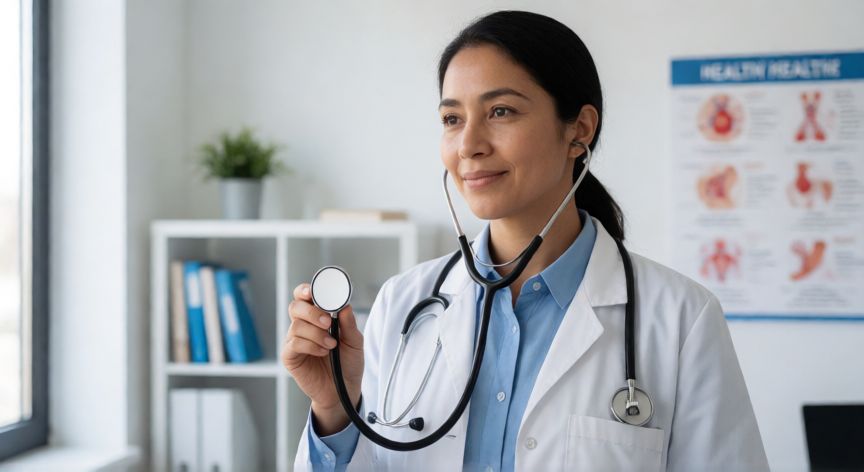 covid 19 h1n1, Médico profesional en una clínica dando consejos sobre prevención de enfermedades respiratorias