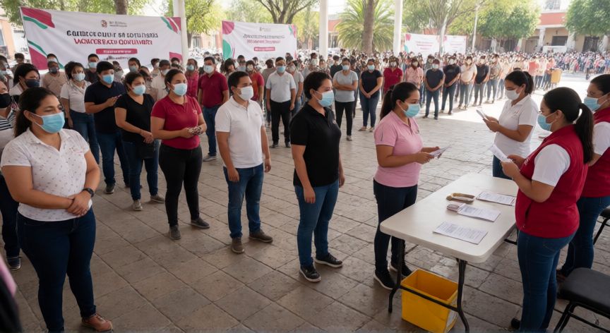 covid 19 hidalgo, Centro de vacunación masiva en una plaza pública de Hidalgo con filas ordenadas