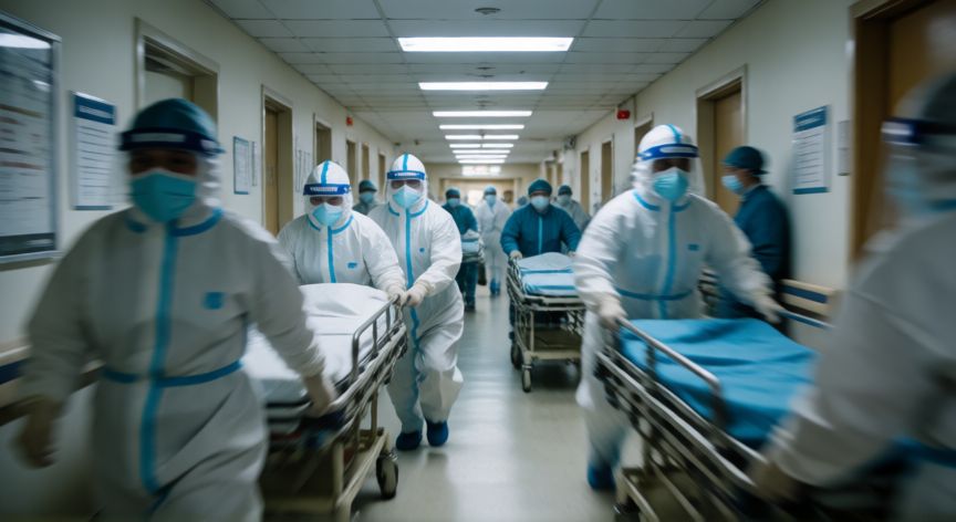 covid 19 historia, Corredor de hospital saturado durante los primeros meses de la pandemia COVID-19