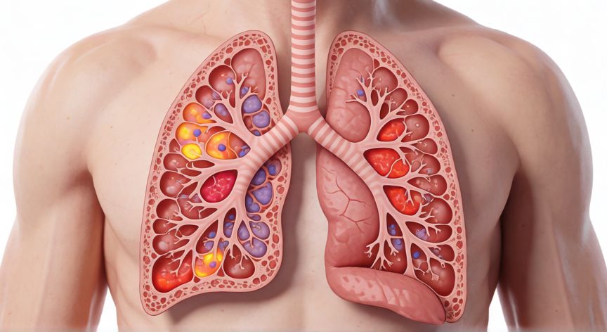 covid 19 historia natural de la enfermedad, Ilustración médica de la replicación viral en los pulmones durante la fase inicial del Covid-19