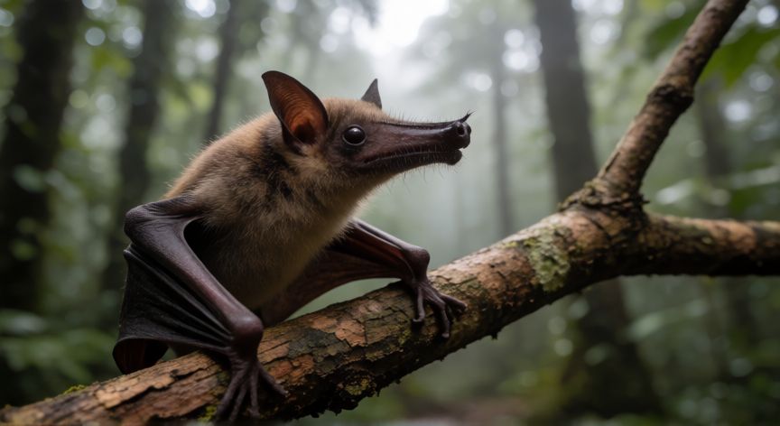covid 19 huesped, Murciélago Rhinolophus posado en una rama en un bosque
