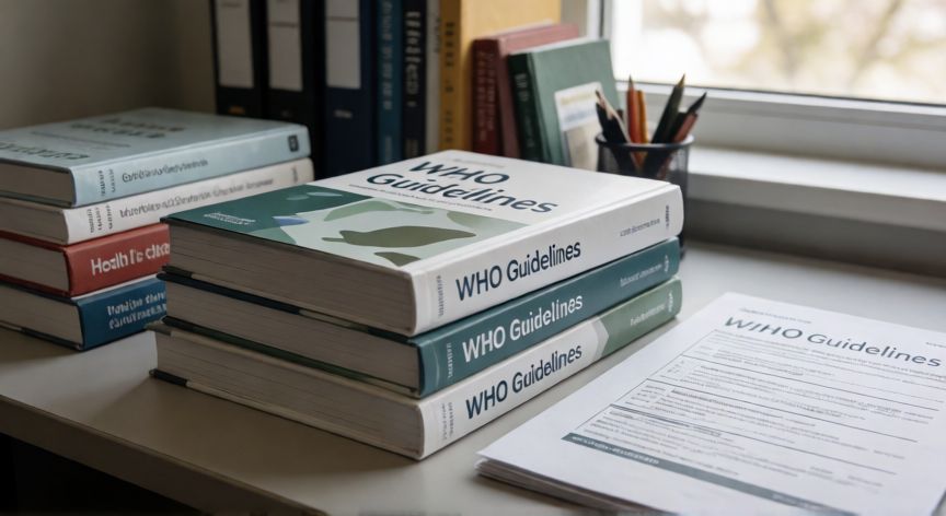 covid 19 icd 10, Guías médicas impresas y libros de referencia sobre la OMS en un escritorio