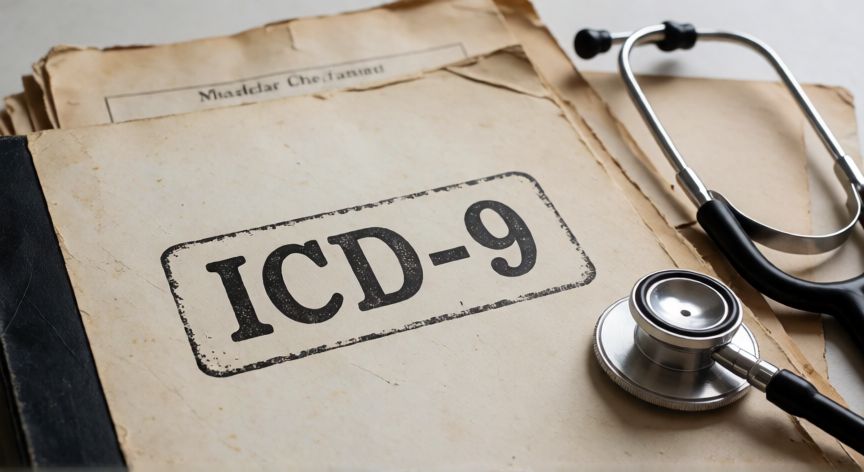 covid 19 icd 9, Carpeta de historial médico con etiqueta ICD-9 y estetoscopio sobre una mesa