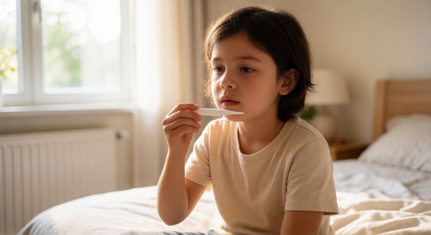 covid 19 in 7 year old, Niño de siete años midiendo su temperatura en casa durante una enfermedad