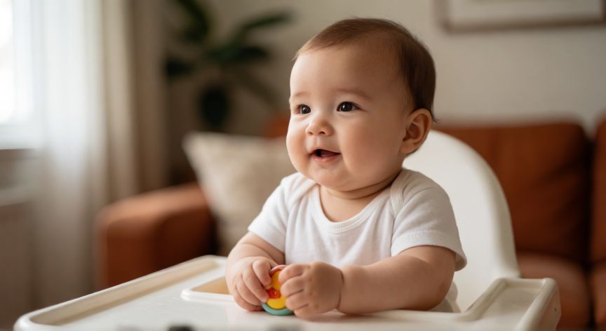 covid-19 in. 8 month old, Bebé de ocho meses sano y alerta en un entorno hogareño seguro