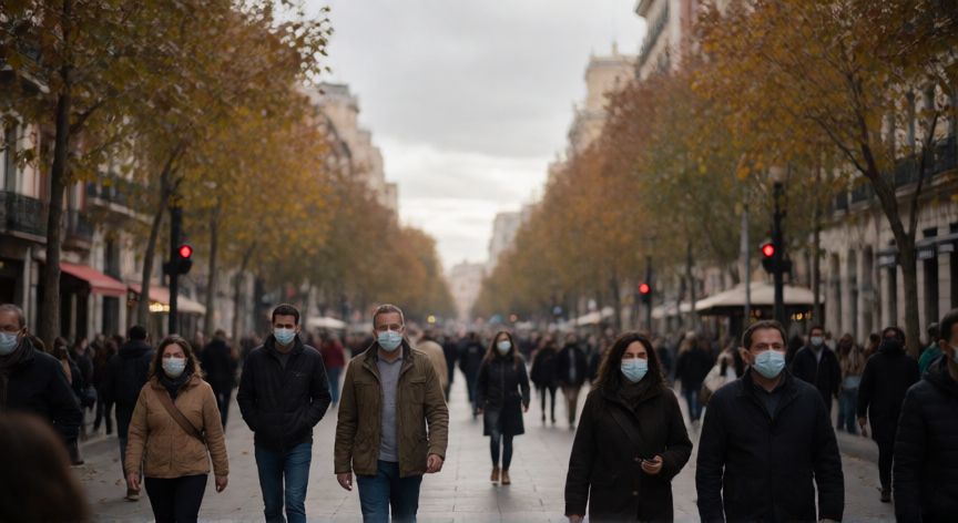 covid 19 incidencia, Ciudadanos paseando por la calle con mascarillas en un día nublado