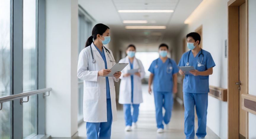 covid 19 información, Pasillo de hospital moderno con personal sanitario al fondo