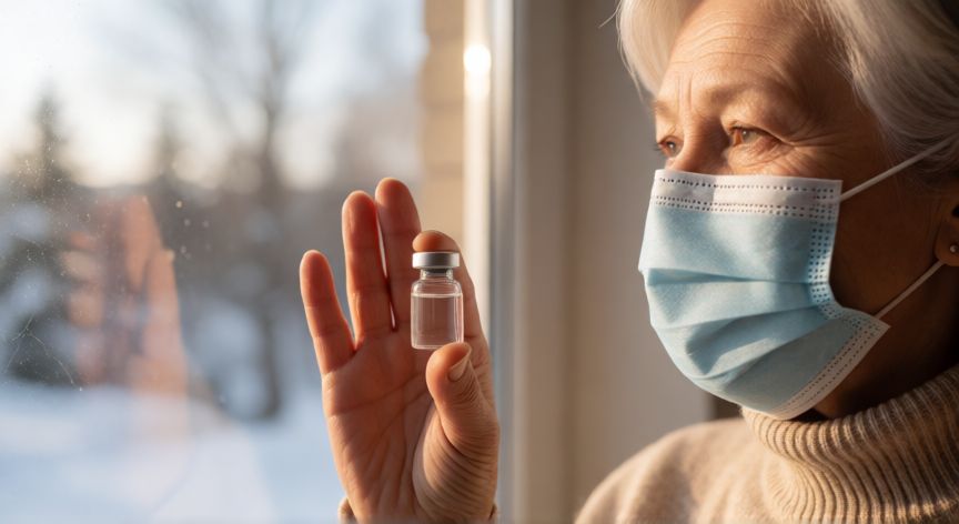 covid 19 información completa, Mujer mayor con mascarilla sosteniendo una vacuna junto a una ventana en invierno