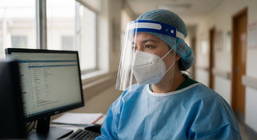 covid 19 inicio en mexico, Médico de hospital en México revisando datos durante la primera etapa de la pandemia de COVID-19