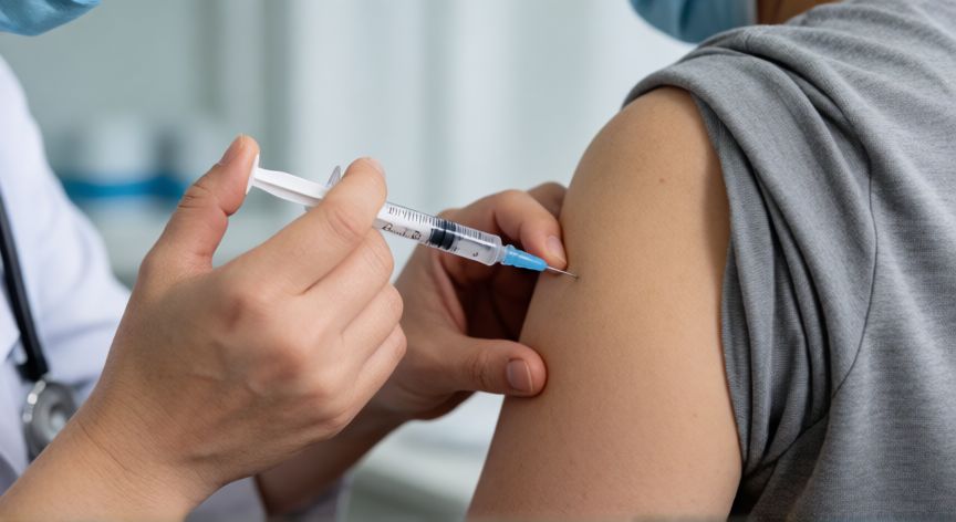 covid 19 jab side effects, Administración de vacuna contra el COVID-19 en brazo del paciente