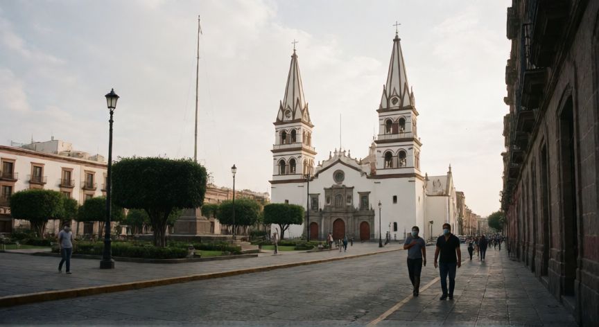 covid 19 jalisco, Plaza de la Liberación en Guadalajara vacía con peatones con mascarillas