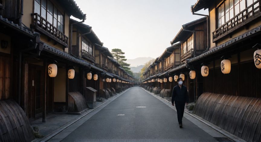 covid 19 japan, Callejón tradicional en Japón con una persona usando mascarilla durante la pandemia