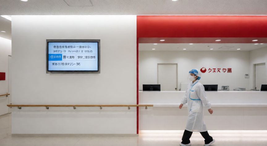 covid 19 japan, Recepción de un hospital japonés moderno con personal sanitario