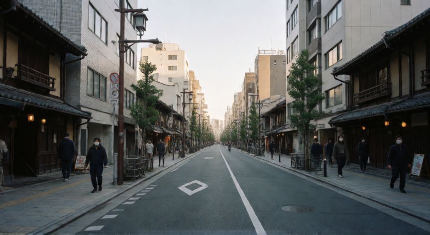 covid 19 japon, Calles de Tokio con poca afluencia de gente y mascarillas durante la primera ola de COVID-19