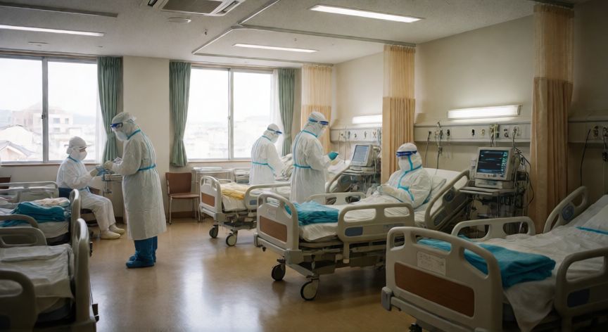 covid 19 japon, Personal sanitario en un hospital japonés durante la gestión de la pandemia de COVID-19