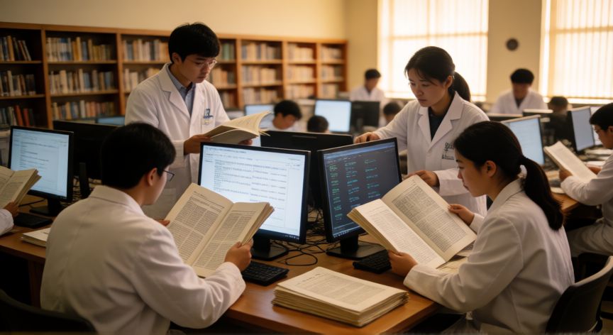 covid 19 journal, Investigadores en una biblioteca universitaria revisando literatura científica sobre salud pública