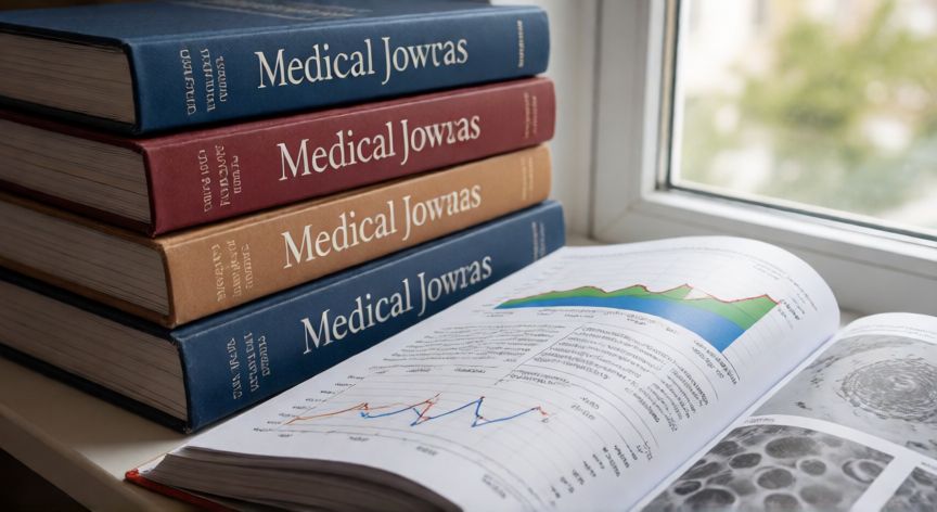 covid 19 journal, Pila de revistas médicas y científicos con gráficas de datos epidemiológicos