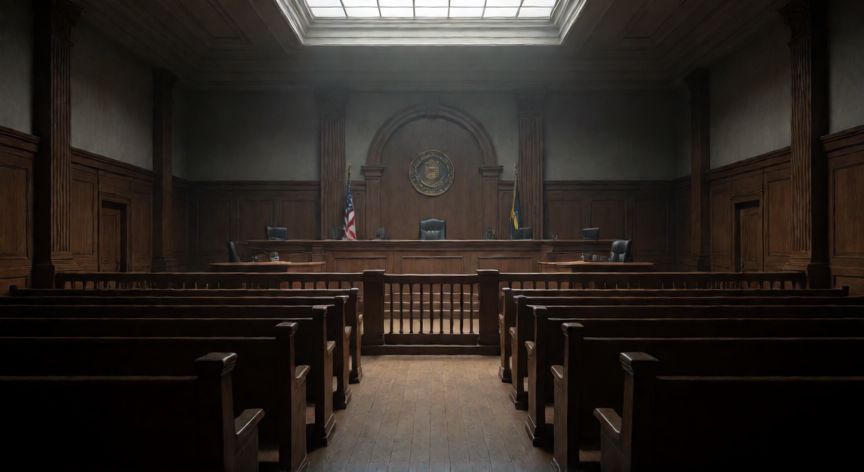 covid 19 juicio, Interior de un tribunal vacío con atmósfera seria y dramática