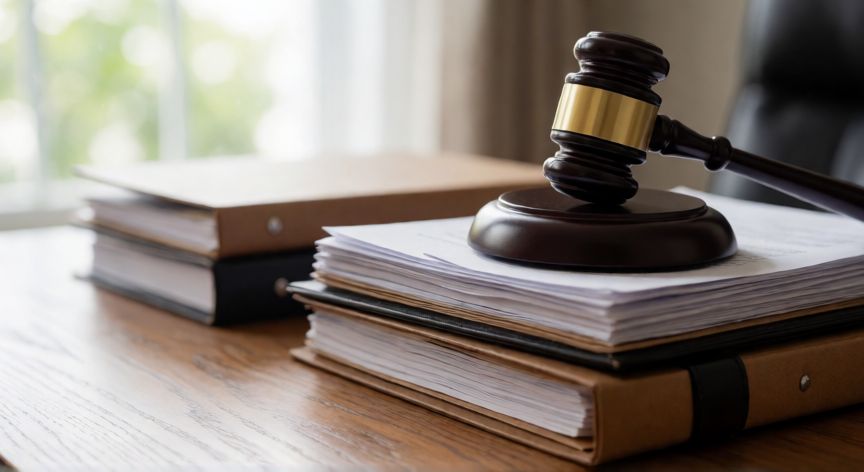 covid 19 juicio, Documentos legales y un martillo de juez sobre un escritorio de madera