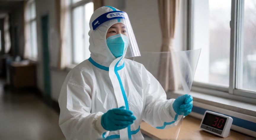 covid 19 kab aaya tha india me, Profesional de la salud con protección completa durante los primeros días de la pandemia en India