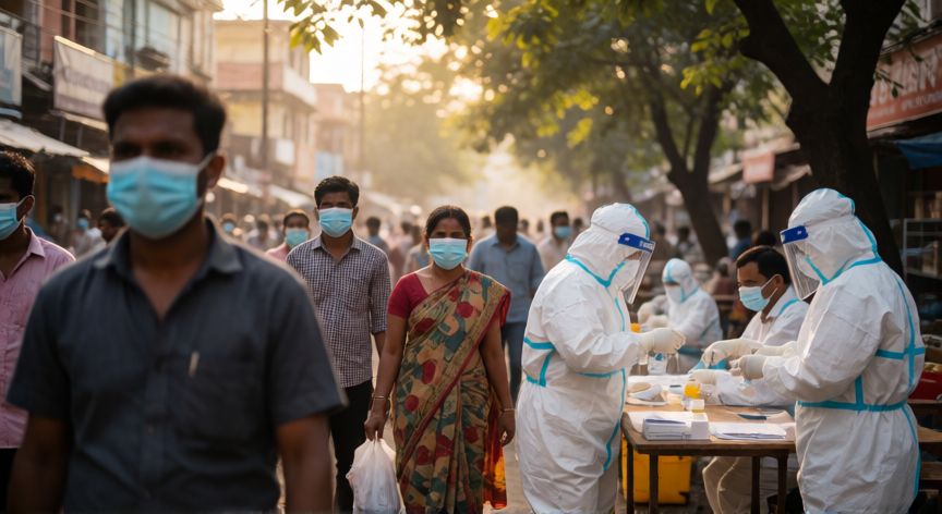 covid 19 kab laga tha, Personal sanitario y ciudadanos con mascarillas en la India durante el inicio de la pandemia