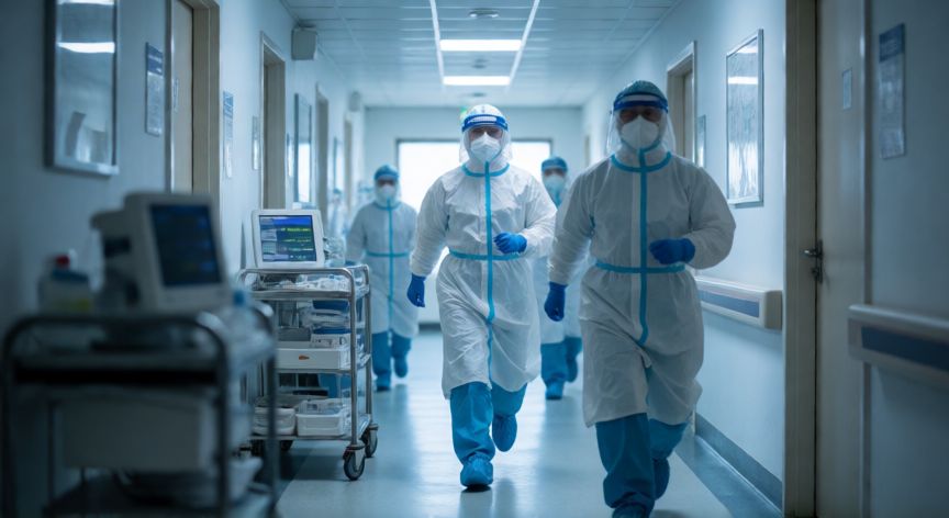 covid 19 kb aaya tha, Médicos en equipo de protección completa en un pasillo de hospital durante el brote inicial