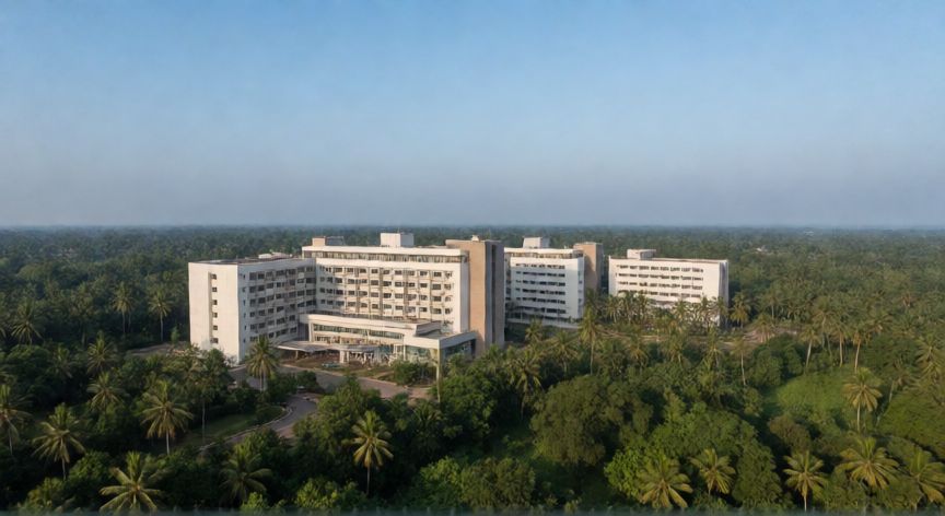 covid 19 kerala, Complejo hospitalario moderno rodeado de vegetación tropical en Kerala
