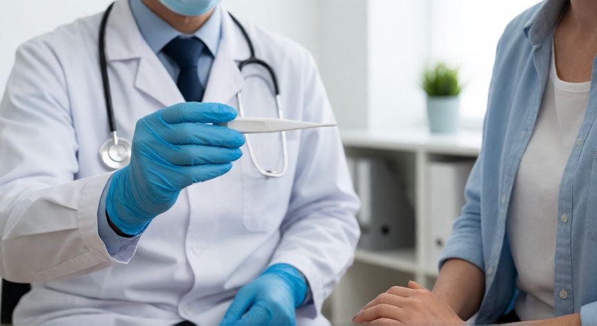 covid 19 kya hai, Médico revisando a un paciente en una clínica moderna para prevención de infecciones