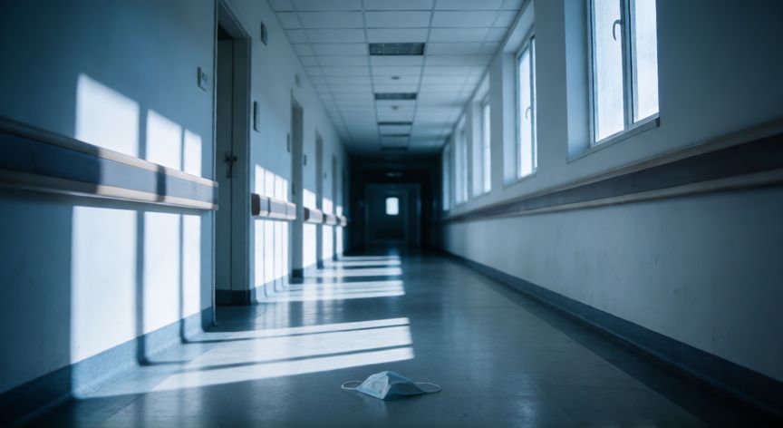 covid 19 la pelicula, Pasillo de hospital vacío con máscaras en el suelo representando la soledad durante la pandemia