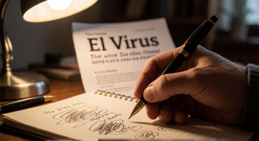 covid 19 la pelicula, Manos escribiendo un guion cinematográfico con el título El Virus en una libreta