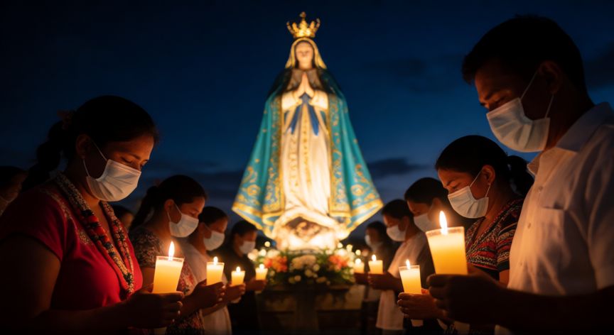 covid 19 la rosa de guadalupe, Vigilia nocturna con velas frente a una imagen de La Virgen de Guadalupe durante la pandemia