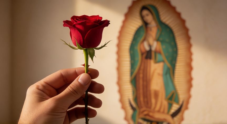covid 19 la rosa de guadalupe, Mano sosteniendo una rosa roja con espinas frente a una imagen difuminada de La Virgen de Guadalupe