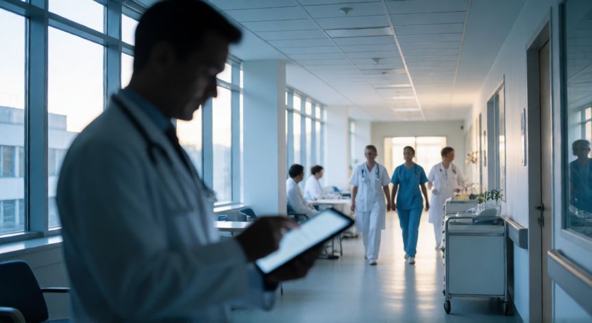 covid 19 letalidad, Pasillo de hospital moderno con personal médico revisando datos en una tableta