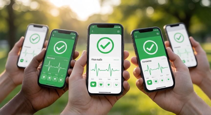 covid 19 letalidad, Manos sosteniendo móviles con aplicaciones de salud mostrando datos positivos