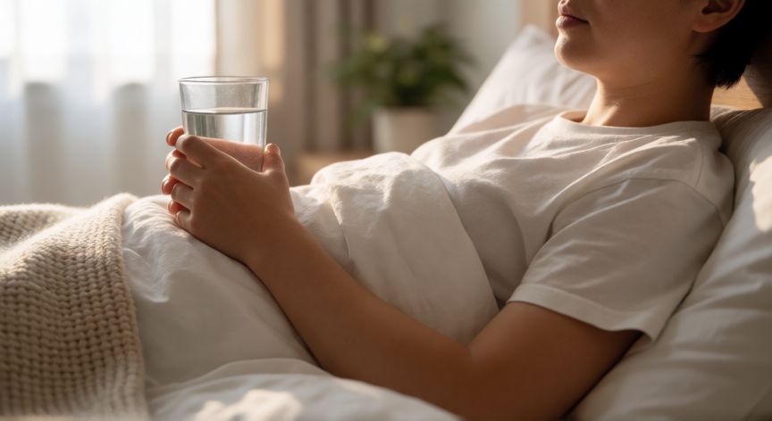 covid 19 leve, Persona descansando en cama tomando agua para recuperarse de una enfermedad leve