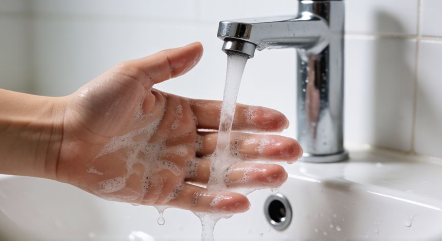 covid 19 leve, Manos lavándose con jabón y agua para prevenir la propagación de virus