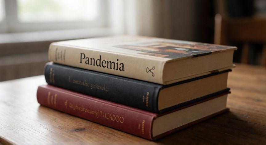 covid 19 libro, Pila de libros sobre la pandemia de COVID-19 sobre una mesa de madera