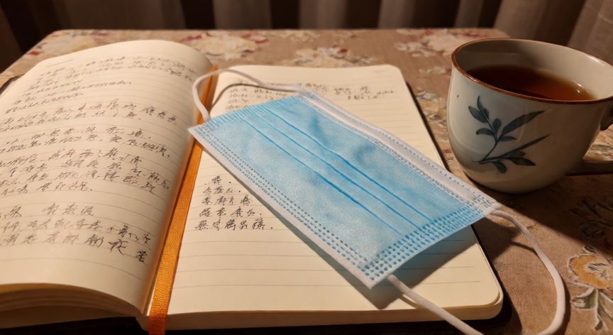 covid 19 libro, Cuaderno abierto con notas manuscritas y una mascarilla médica al lado