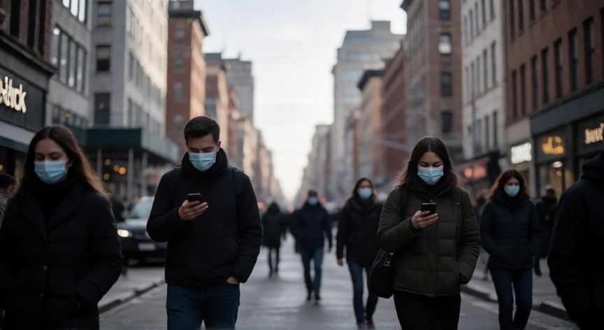 covid 19 linea de tiempo, Ciudadanos usando mascarillas en una calle urbana durante la pandemia